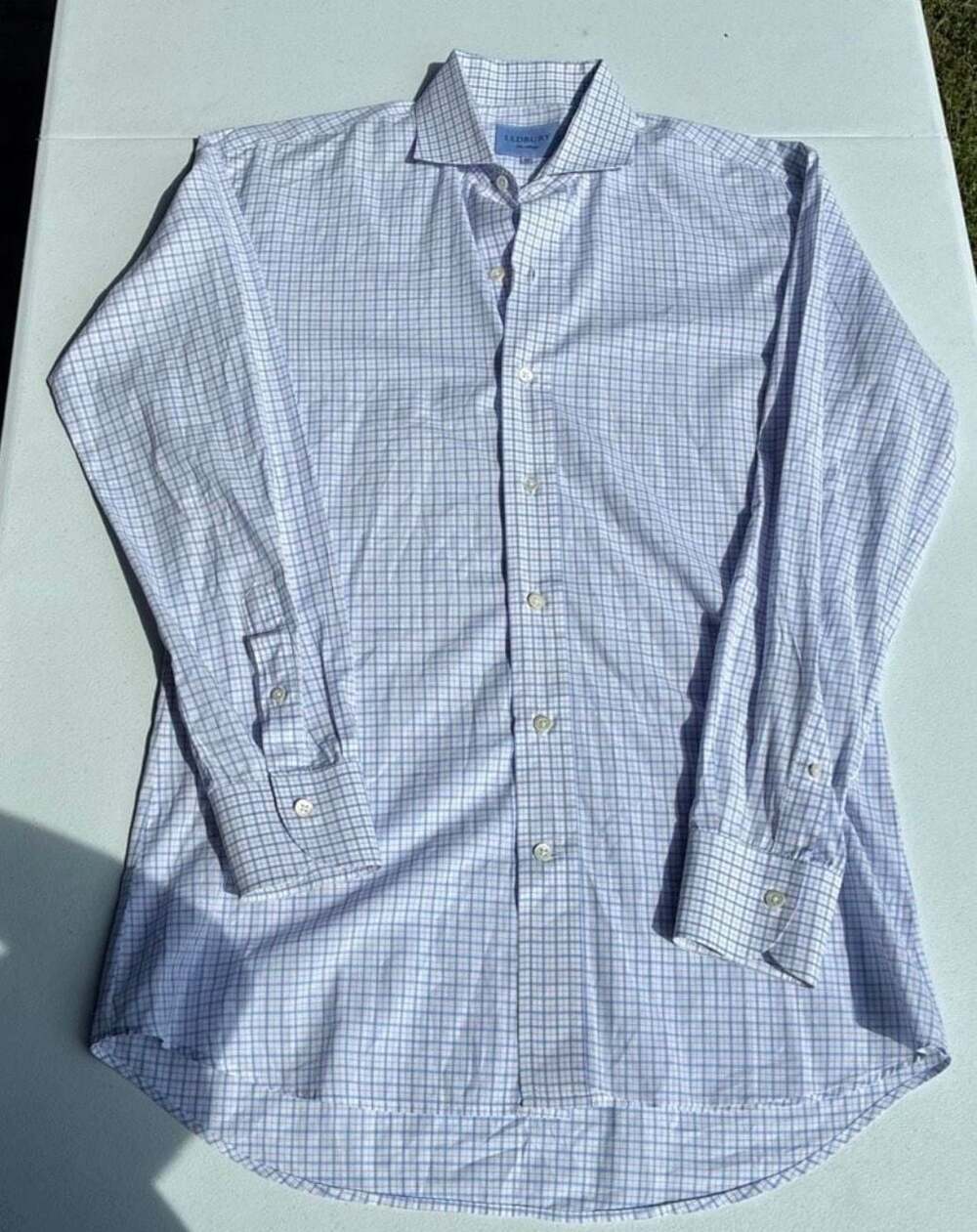 Ledbury Blue and White Checked Long Sleeve Dress Shirt